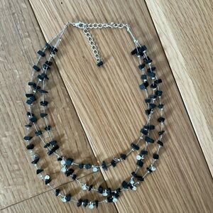 Black bead and rhinestone silver necklace